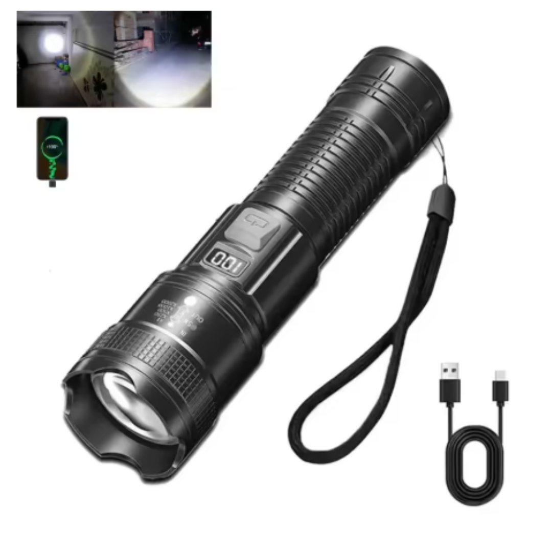 Linterna LED Súper Brillante Recargable USB – Potente con Zoom Táctico